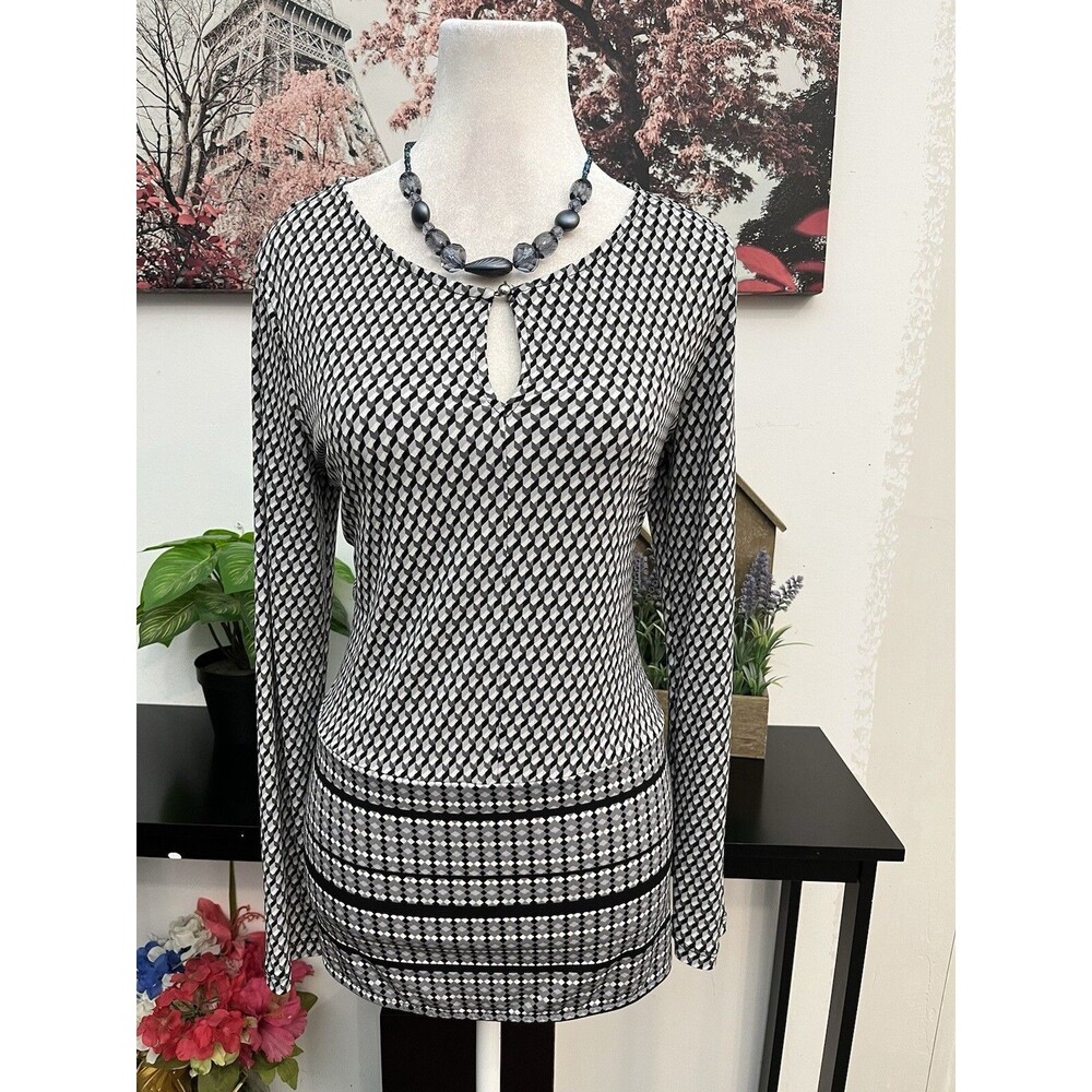 Dana Buchman Women Small S Top Blouse Geometric Long Sleeve Keyhole Black White
